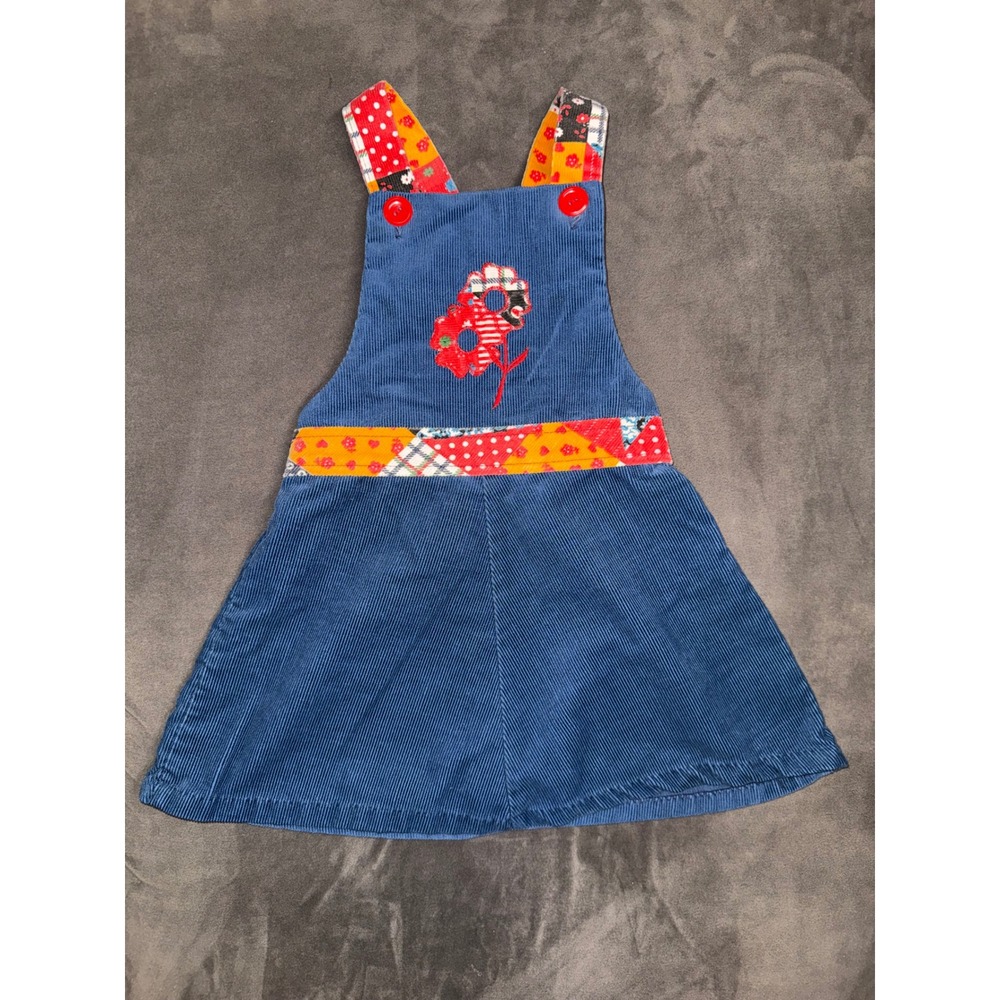 Vintage Health-tex Girls Blue Corduroy Patchwork Floral Jumper Dress Size 4
